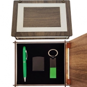 Ahşap Kutulu Yeşil Anahtarlık Kalem Çakmak Set